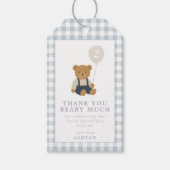 Lichtblauwe Gingham Teddybeer Verjaardagscadeautag Cadeaulabel (Voorkant)