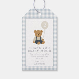 Lichtblauwe Gingham Teddybeer Verjaardagscadeautag Cadeaulabel