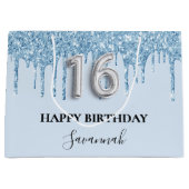 Lichtblauwe glitter druipt naam Sweet 16 Groot Cadeauzakje (Voorkant)