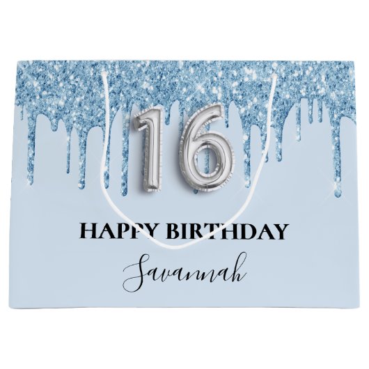 Lichtblauwe glitter druipt naam Sweet 16 Groot Cadeauzakje (Voorkant)
