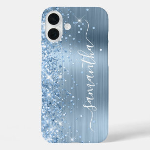 Lichtblauwe Glitterige Glam Meisjesachtige Handtek iPhone 16 Plus Hoesje