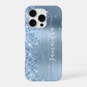 Lichtblauwe Glitterige Glam Meisjesachtige Handtek iPhone 16 Pro Hoesje
