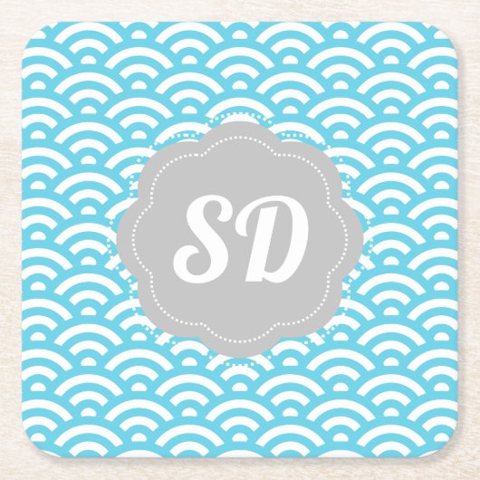 Lichtblauwe golf aangepaste monogram kartonnen onderzetters (Voorkant)