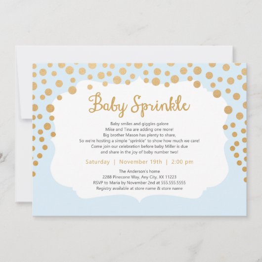 Lichtblauwe gouden jongensbaby sprinkle uitnodigin kaart (Voorkant)