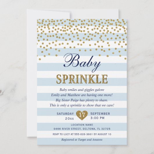 Lichtblauwe gouden streep Confetti Baby Boy Sprink Kaart (Voorkant)