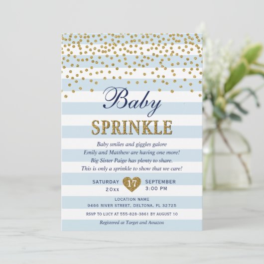 Lichtblauwe gouden streep Confetti Baby Boy Sprink Kaart (Staand voorkant)