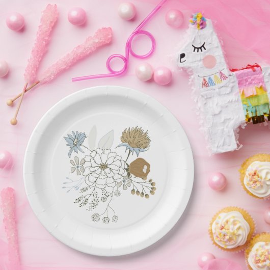 Lichtblauwe grijze zige zomerbloemen papieren bordje (Feest)