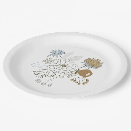 Lichtblauwe grijze zige zomerbloemen papieren bordje (Gekanteld)