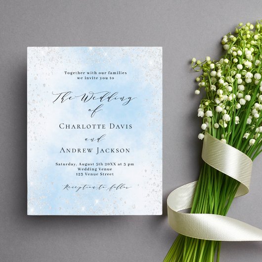 Lichtblauwe hemel zilveren glitter bruiloft kaart