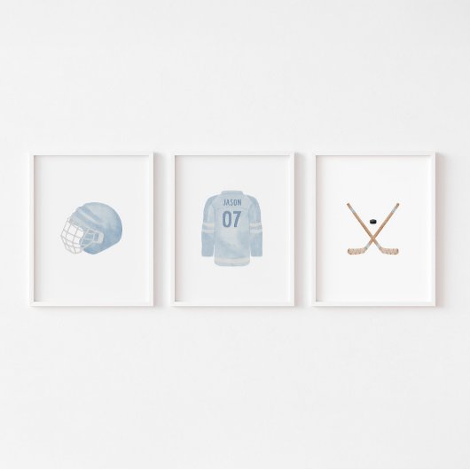 Lichtblauwe hockey aangepaste naam muur kunst set