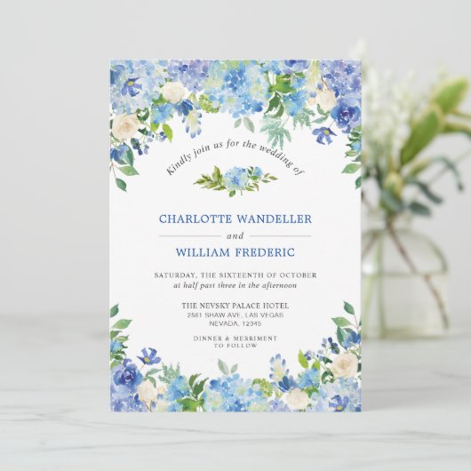 Lichtblauwe Hortensia Groen Waterverf Trouwfeest Kaart (Staand voorkant)