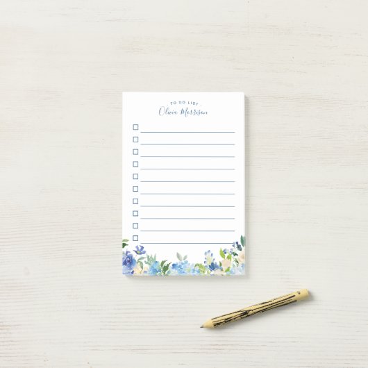 Lichtblauwe hortensia Waterverf Floral to do lijst Post-it® Notes (Op bureau)