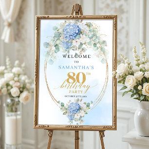 Lichtblauwe Hortensia's Goud 80ste verjaardag welk Poster
