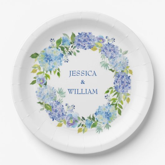 Lichtblauwe Hydrangea Bloemstuk Bruiloftsfeest Papieren Bordje (Voorkant)