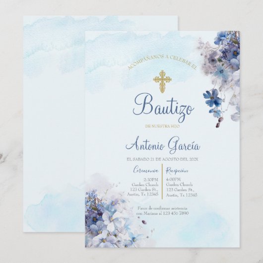 Lichtblauwe jongen doop uitnodiging (Voorkant / Achterkant)