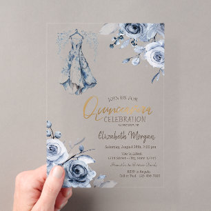 Lichtblauwe jurk Blauwe rozen Quinceañera Acryl Uitnodigingen