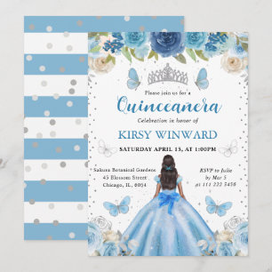 Lichtblauwe jurk donkere huid prinses Quinceanera Kaart