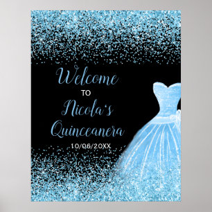 Lichtblauwe jurk Faux Glitter Quinceanera Welkom Poster
