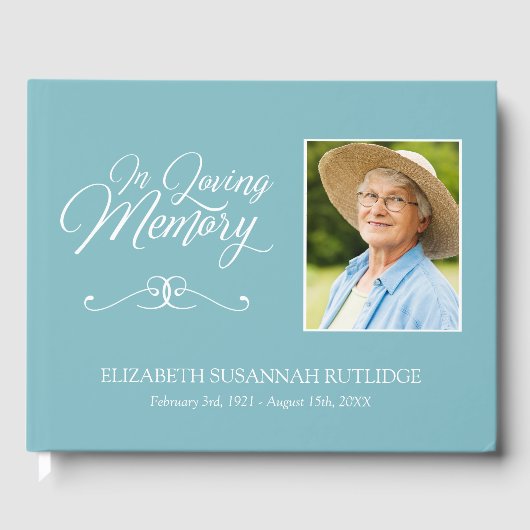 Lichtblauwe kalligrafie in liefdevolle herinnering gastenboek (Voorkant)