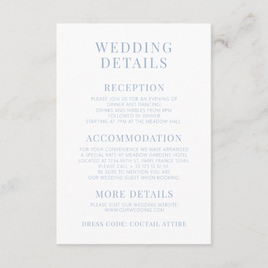 Lichtblauwe lente bloem bruiloft details kaarten (Voorkant)