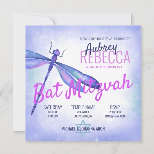 Lichtblauwe libel vleermuis mitswa uitnodiging (Voorkant)