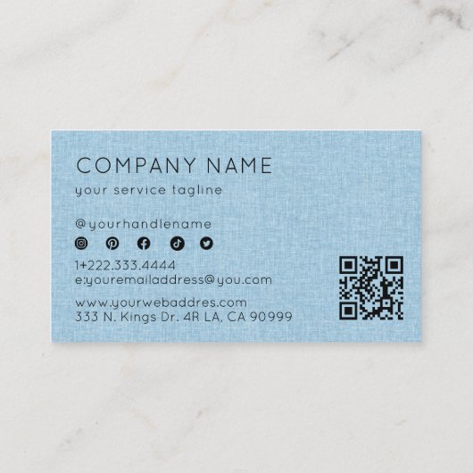 Lichtblauwe linnen textuur QR-code Visitekaartje (Achterkant)