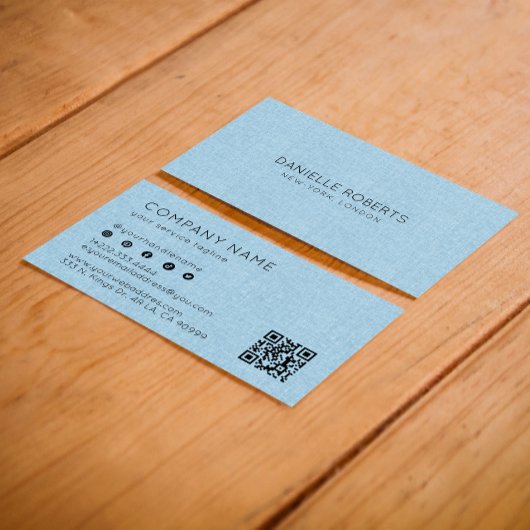 Lichtblauwe linnen textuur QR-code Visitekaartje