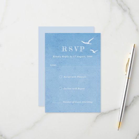 Lichtblauwe lucht Waterverf bruiloft uitnodiging R (Voorkant / Achterkant in situ)