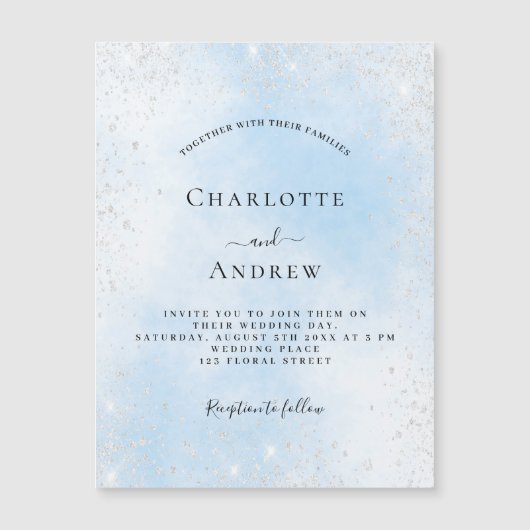 Lichtblauwe lucht zilveren glitter luxe bruiloft magnetische uitnodiging (Voorkant)