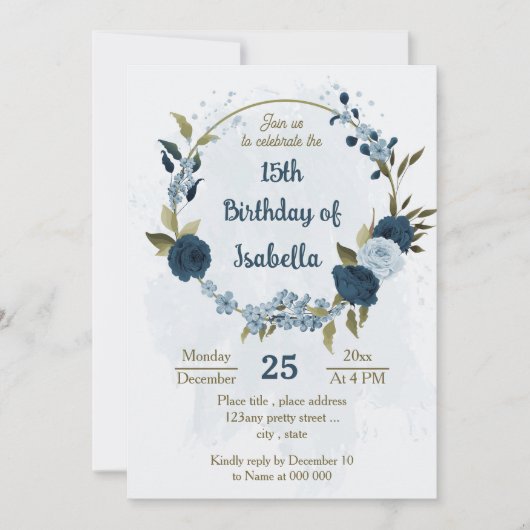 Lichtblauwe marine bloemen botanische verjaardag kaart (Voorkant)