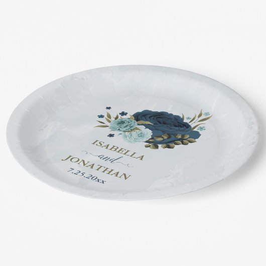 Lichtblauwe marine bloemen bruiloft papieren bordje (Gekanteld)