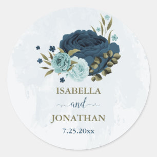 Lichtblauwe marine bloemen bruiloft ronde sticker