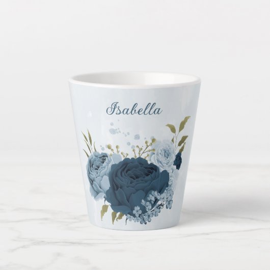 lichtblauwe marine bloemen latte mok (Voorkant)