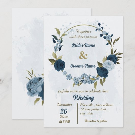 Lichtblauwe marineblauwe bloemen botanische bruilo kaart (Voorkant / Achterkant)