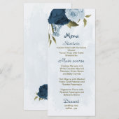 lichtblauwe marineblauwe bloemen botanische bruilo menu (Voorkant / Achterkant)