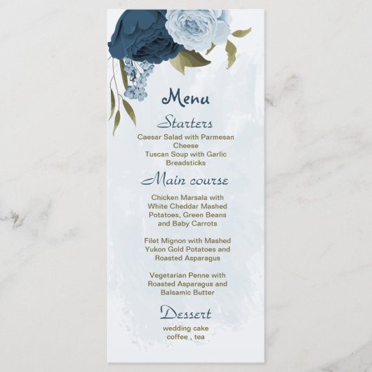 lichtblauwe marineblauwe bloemen botanische bruilo menu (Voorkant)