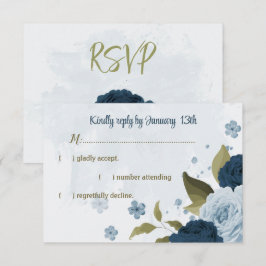 Lichtblauwe marineblauwe bloemen botanische bruilo RSVP kaartje