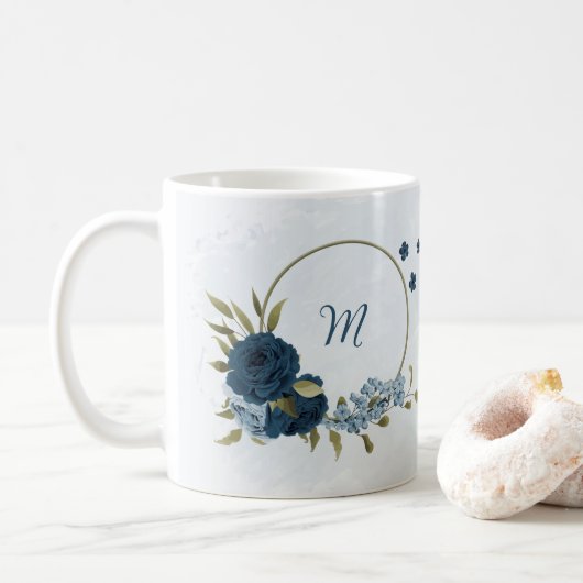 lichtblauwe marinebloemen koffiemok (Met donut)