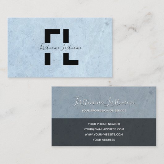 Lichtblauwe marmerstructuur elegante monogram stri visitekaartje (Voorkant / Achterkant)