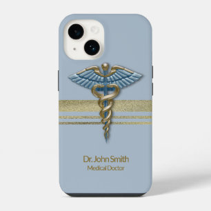 Lichtblauwe Medische Caduceus Nep Goud Folie Strep iPhone 14 Hoesje