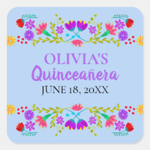 Lichtblauwe Mis Quince Anos Mexicaans Feest Bloeme Vierkante Sticker