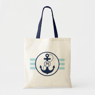Lichtblauwe Nautische strips met anker monogram Tote Bag