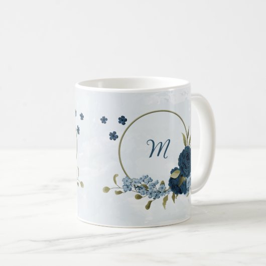 lichtblauwe navy bloemen  koffiemok (Voorkant rechts)