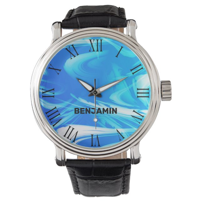 Lichtblauwe oceaangolven Cool Marbled Custom Name Horloge (Voorkant)