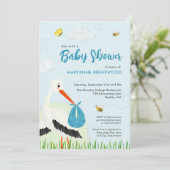 Lichtblauwe Ooievaar Baby Shower  Kaart (Staand voorkant)