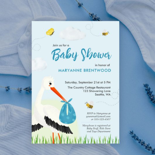 Lichtblauwe Ooievaar Baby Shower  Kaart