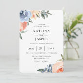 Lichtblauwe perzik botanische bruiloft kaart (Staand voorkant)