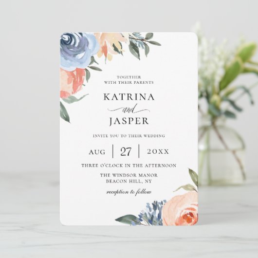 Lichtblauwe perzik botanische bruiloft kaart (Staand voorkant)