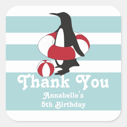 Lichtblauwe pinguïn Bedankt Kids Verjaardagsfeest Vierkante Sticker (Voorkant)