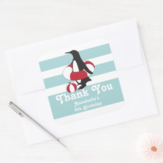 Lichtblauwe pinguïn Bedankt Kids Verjaardagsfeest Vierkante Sticker (Envelop)